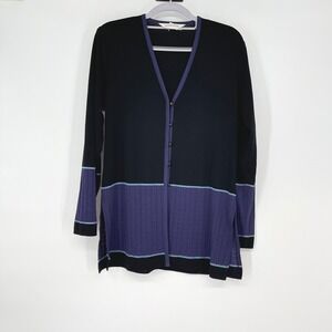 MISOOK Black Purple Stripe Knit Cardigan Sweater Long Sleeve V-Neck Women Size S